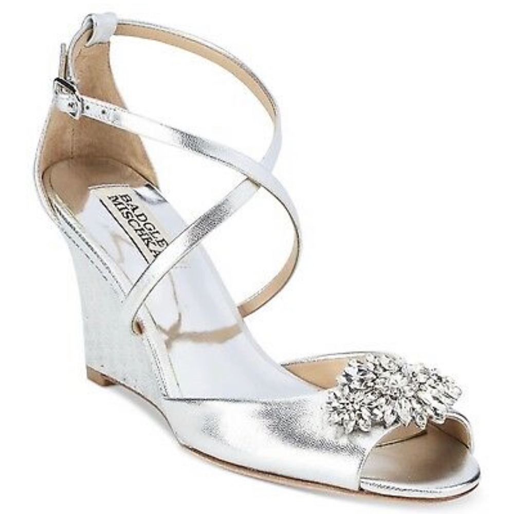 Badgley Mischka Silver Metallic Crystal-Embellished Wedge Sandals
